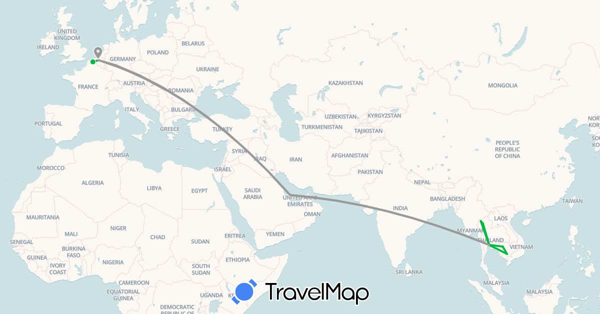TravelMap itinerary: driving, bus, plane in Belgium, Germany, France, Cambodia, Qatar, Thailand (Asia, Europe)